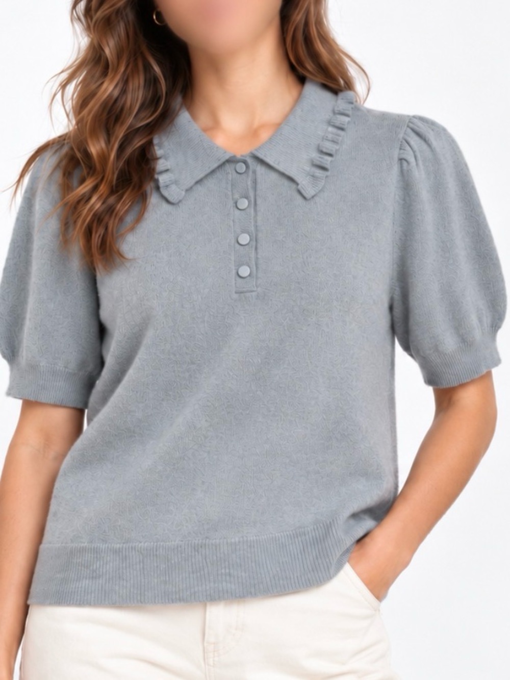Charter Club Light Blue Ruffle Collar Short Sleeve Knit Polo